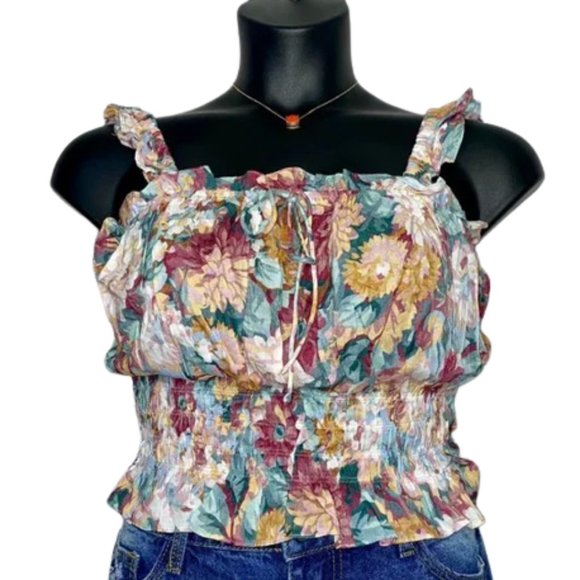 ARULA Tops - Arula Floral Tank Top Ruffle Sleeveless Smocked Tie Front Cropped Size A 1X